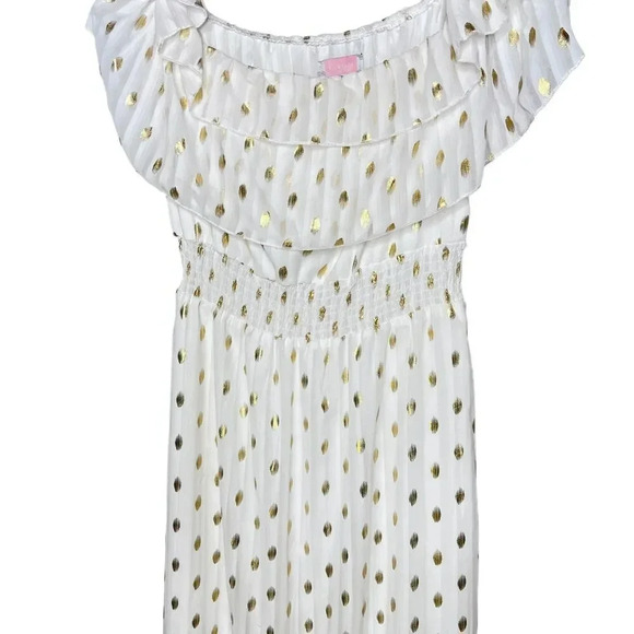 C+D+M Collection White Gold Polka Dot Off The Shoulder Smocked Waist Dress Sz. S - Picture 4 of 10